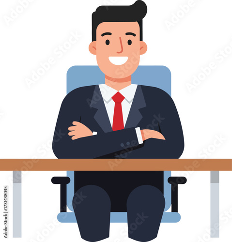 A smiling cartoon businessman in a suit sits confidently at his desk with his arms crossed.