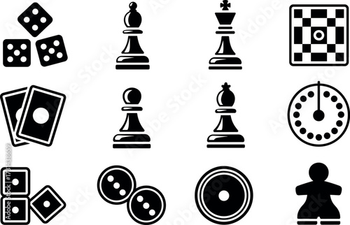 Collection of board game and card game icons featuring dice chess pieces cards board and timer