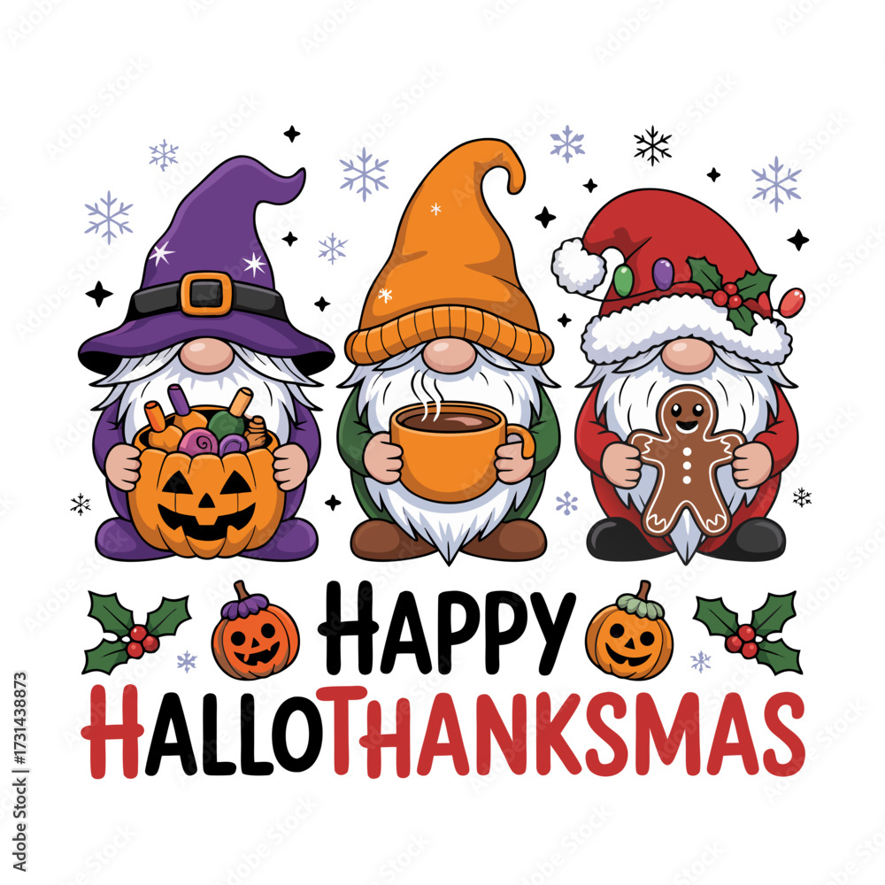 Fototapeta premium Illustration of happy hallothanksmas greeting with three cute gnomes dressed as a witch, a wizard, and santa claus holding a pumpkin, a mug of coffee, and a gingerbread man