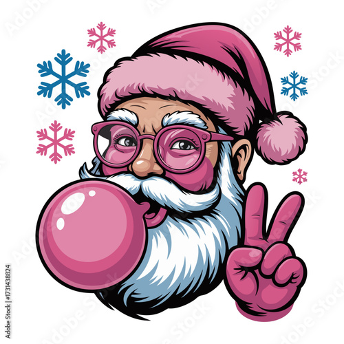 Illustration of closeup portrait of a stylish santa claus with pink glasses, blowing a pink bubble gum bubble and making a peace sign, surrounded by pink and blue snowflakes
