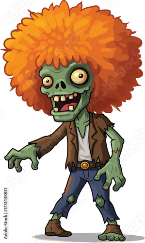 Cartoon zombie character with green skin, big eyes, missing teeth, orange afro hairstyle, funny undead monster, tattered clothes, humorous illustration