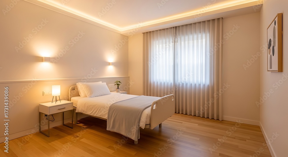 Fototapeta premium Serene hospital room, minimal design, soft light, clean interior design