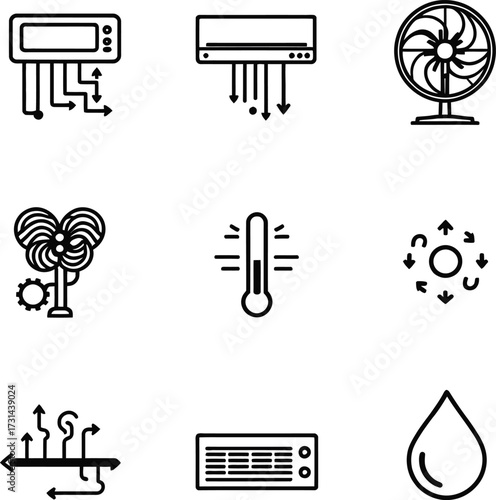 Collection of air conditioning and climate control icons in black and white outline style set on white silhouette