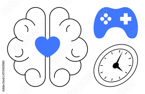 Brain with a heart symbol, blue game controller, and clock. Ideal for mental health, time management, gaming, focus, balance lifestyle creativity. Simple flat metaphor