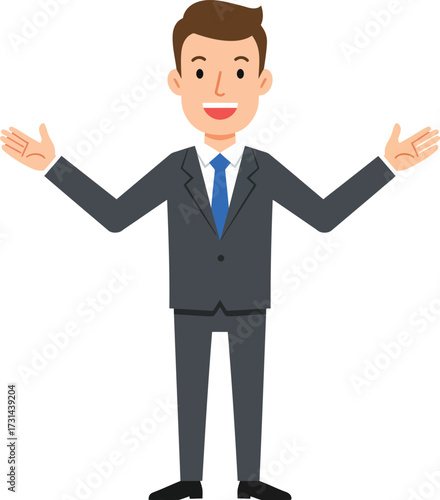 Enthusiastic Businessman Welcoming with Open Arms in a Professional Suit