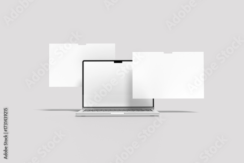 Laptop computer mockup with blank wireframing pages on a white background for Presentation Design Templates and creative branding projects
