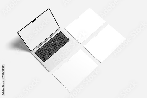 Laptop computer mockup with blank wireframing pages on a white background for Presentation Design Templates and creative branding projects