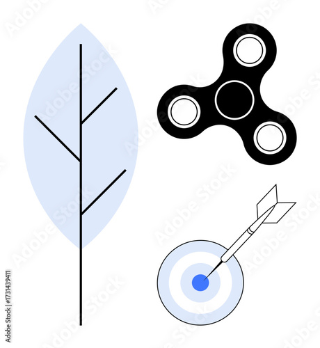Simplistic design with a leaf representing growth, spinner symbolizing relaxation, and dartboard with an arrow for precision. Ideal for mindfulness, focus, growth, balance, goals, strategy teamwork