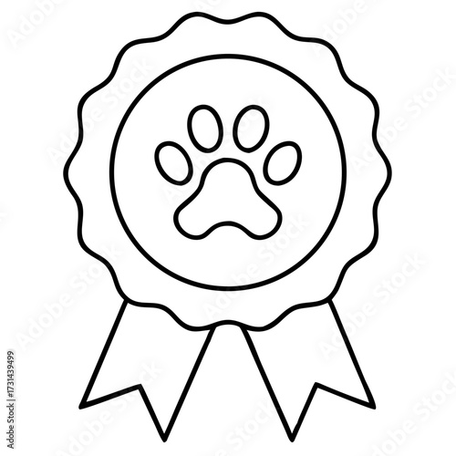 Illustration of a pet award badge, featuring a paw print inside a circular frame with ribbons hanging below it