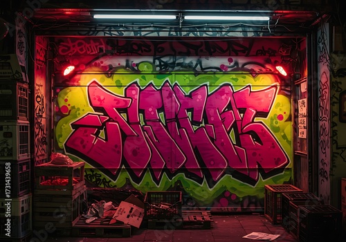 Colorful graffiti wall night scene