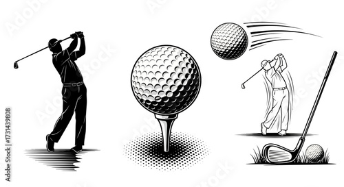 Golf illustrations showing a golfer swinging, a golf ball on a tee, and a golf club with a ball.