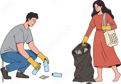 Community cleanup, environmental volunteers, picking litter, recycling effort, teamwork, waste management, eco-friendly action, plastic collection
