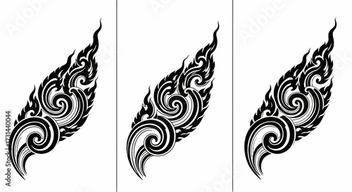 Three identical ornate Thai pattern designs in black and white, featuring swirling, flame-like shapes, presented side-by-side on a white background.