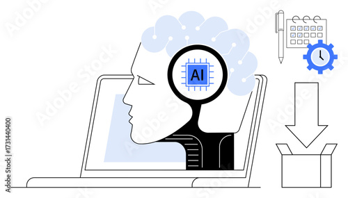 Human profile with AI brain circuit inside laptop, gear, calendar, download box symbolizing machine learning, automation, technology processes. Ideal for AI, innovation future automation. Simple