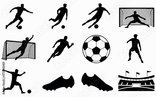 Dynamic soccer player silhouettes capturing action kicks goals and sports equipment collection