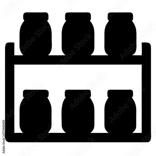 3d icon of silhouette illustration of a shelf with six jars, , showcasing storage and organization in a simple design