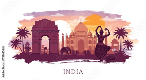 Silhouette illustration of India featuring the India Gate, Taj Mahal, an elephant, a dancer, and palm trees against a watercolor sunset backdrop.