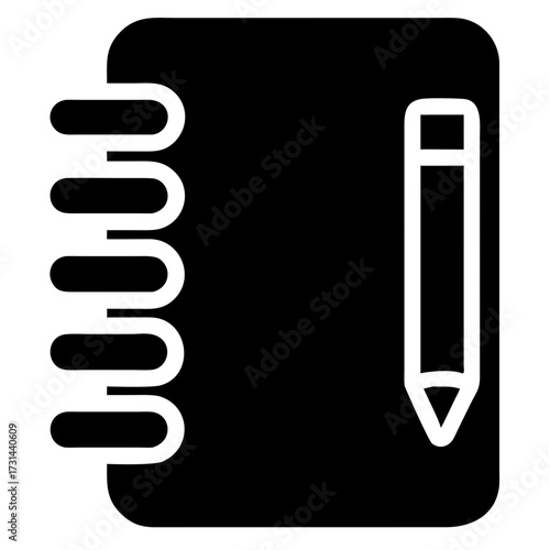 3d icon of a black notebook and pencil, a symbol of writing, creativity, and organization, rendered in a bold, solid style against a