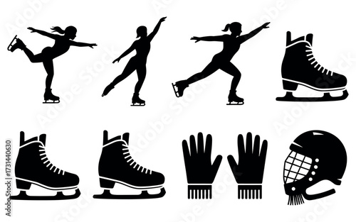 Collection of black silhouettes ice skates helmets gloves and figure skaters in motion
