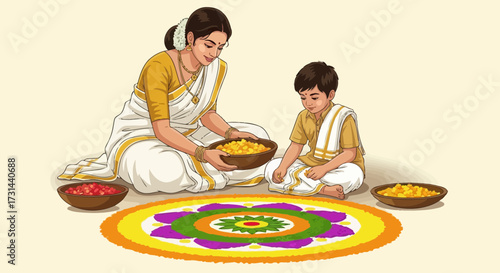 A woman and a child create a colorful floral rangoli or pookalam design, using flower petals in bowls, celebrating a cultural event.
