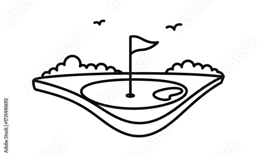 Minimalist Vector Golf Course Illustration with Flag and Birds, black and white.