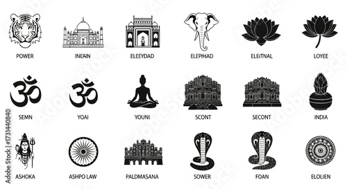 Collection of black and white vector icons representing Indian culture, religion, and symbols, including animals, architecture, and spiritual concepts.