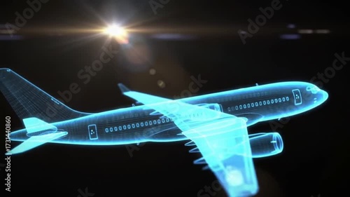 blue holographic commercial airplane digital technology