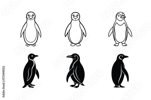 Penguin Silhouette and Outline Vector Illustrations – Cute Bird Graphic Set