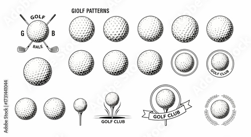 A collection of vintage-style golf ball illustrations, showcasing various patterns, arrangements, and logo designs, presented in a monochrome graphic.