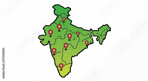 Green map of India with red location pins indicating different cities or points of interest.