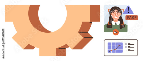 Gear mechanism with visuals of a face flagged as fake, a warning alert, and data analytics chart. Ideal for AI, cybersecurity, ethics, deepfake detection, technology, digital tools innovation