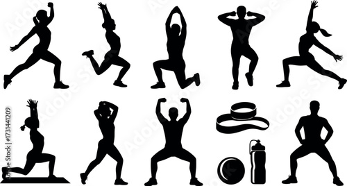 Dynamic fitness silhouettes capturing various athletic poses for workout inspiration and design elements