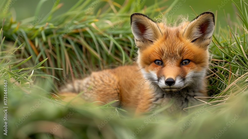 Fototapeta premium Fluffy Baby Red Fox Sleeping in Soft Grass