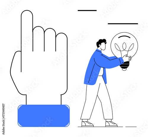 Giant hand pointing upward with a person holding a glowing light bulb. Ideal for leadership, innovation, guidance, teamwork, creativity, problem-solving, and motivation in a simple flat metaphor