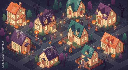 Isometric Halloween Night Neighborhood with Spooky Houses, Glowing Pumpkins, and Trick-or-Treating Kids Illustration