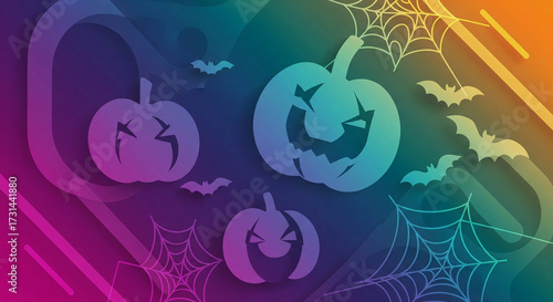 Spooky Halloween scene with jack-o-lanterns, bats, and spiderwebs on a vibrant gradient background. Modern flat design.
