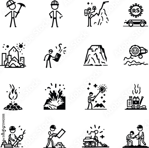 Black and white line art icons depicting various mining and construction related activities and equipment silhouette