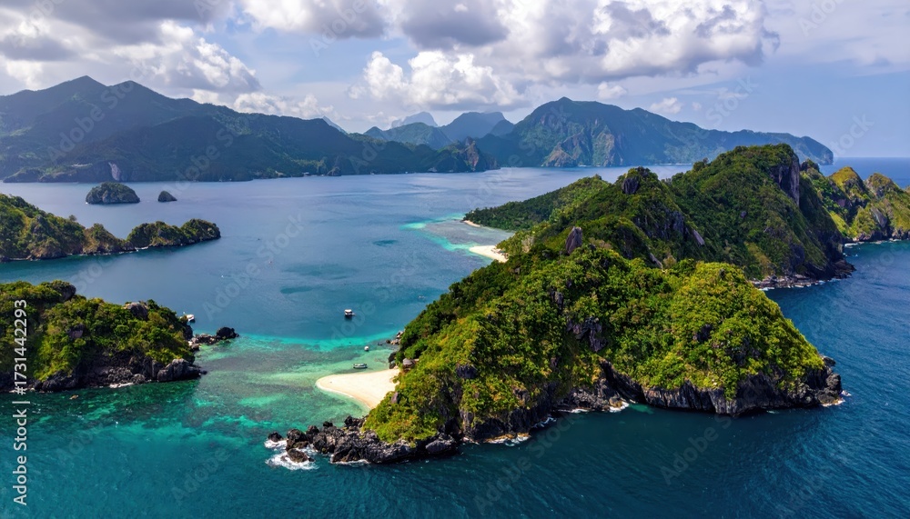 Obraz premium Breathtaking aerial panorama showcasing a picturesque island chain with verdant, lush vegetation cascading towards turquoise waters under a bright, cloudy sky.