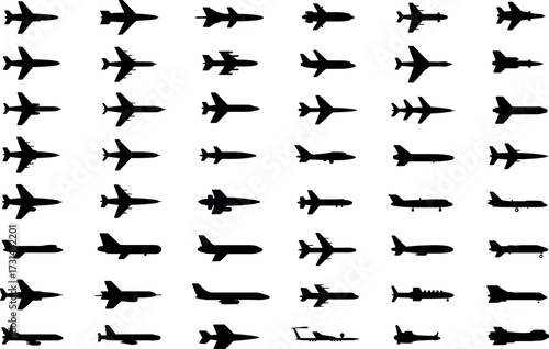 Collection of silhouette airplane icons diverse aircraft flying shapes for aviation and travel themes