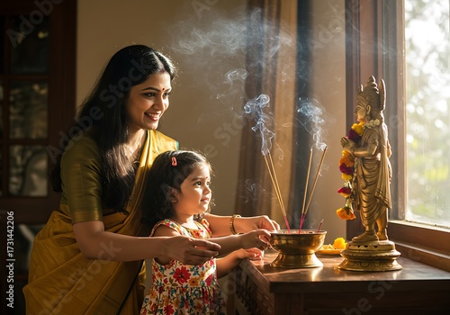 Mother and child praying by window