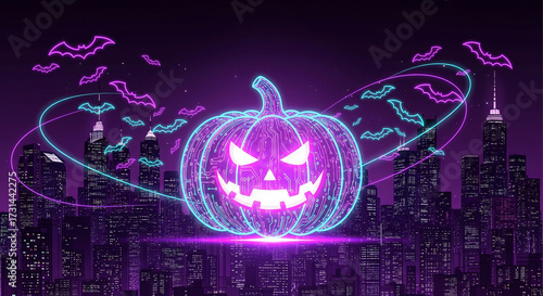 Vibrant Neon Halloween Jack-o-lantern glowing over a futuristic city skyline with flying bats. Purple blue digital night.