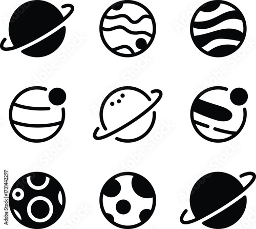 A collection of nine planet icons in black and white showing varied planetary designs and ring systems silhouette