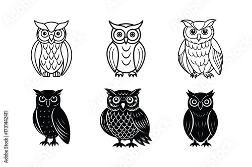 Owl Silhouette and Outline Vector Illustrations – Nocturnal Bird Graphic Set