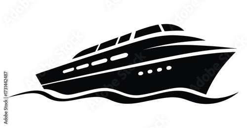 Black silhouette of luxury yacht cruising on water, symbolizing maritime travel, leisure lifestyle, nautical tourism, and ocean adventure