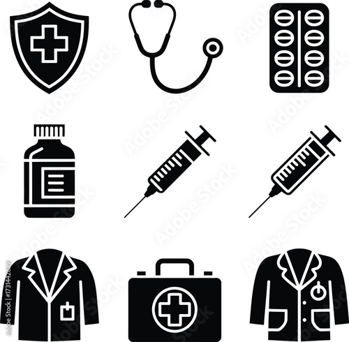 Black and white medical icons including shield stethoscope syringes and doctor coats arranged neatly silhouette
