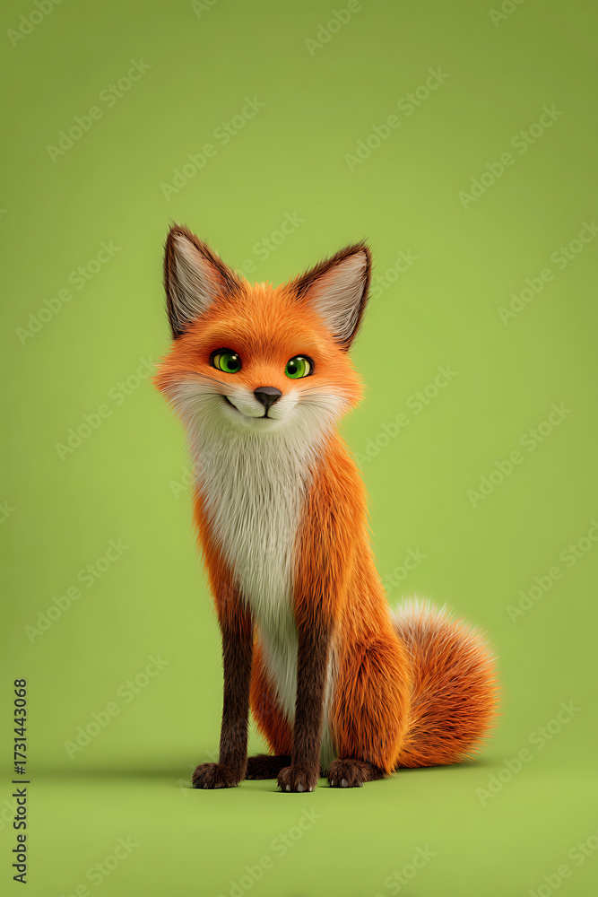Fototapeta premium A charming orange fox with green eyes sits gracefully against a vibrant green backdrop
