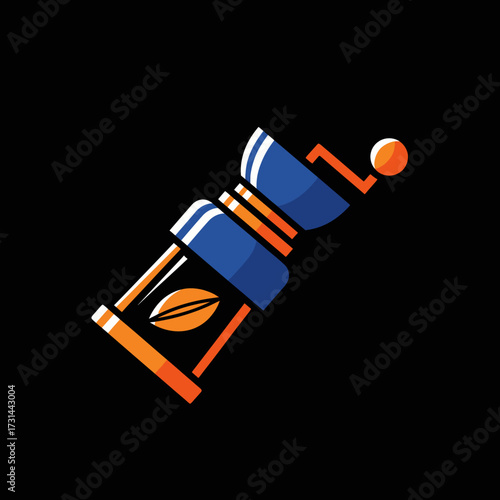 Stylized blue and orange coffee grinder with a coffee bean icon on a dark background, representing fresh brewing.