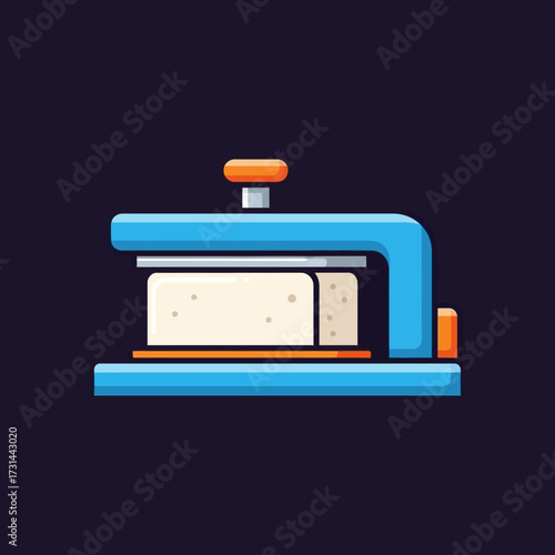 Illustration of a blue tofu press with a block of tofu inside.