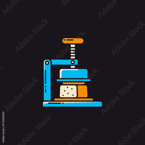 Illustration of a cheese press, showing the mechanism and the cheese being pressed.