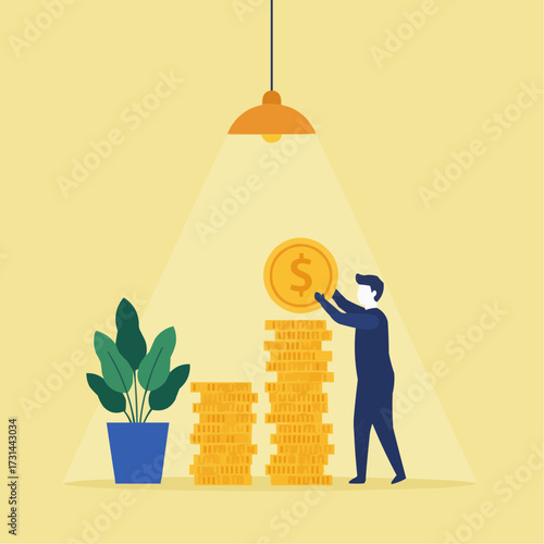 Minimalist flat vector illustration of a simplified character placing a giant gold coin on top of a stack of coins